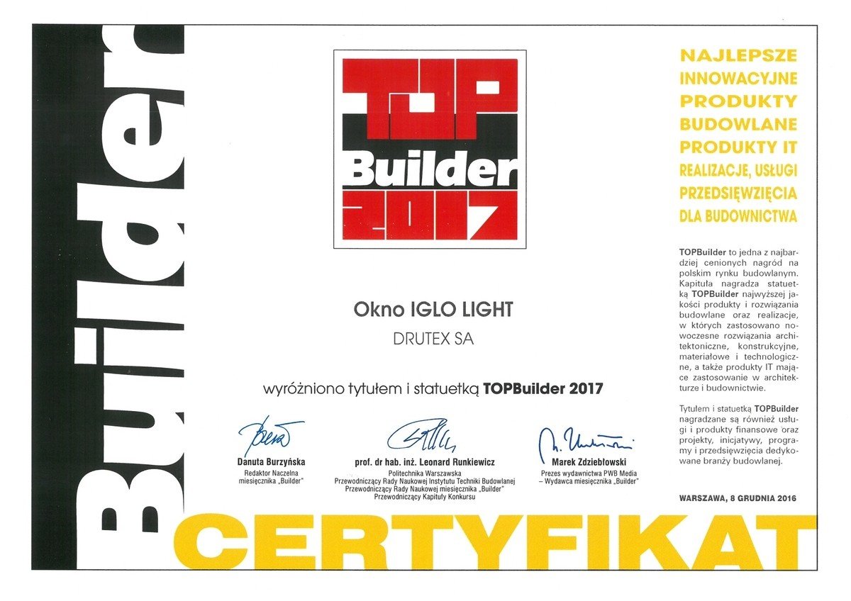 Okno Iglo Light Drutex-u z nagrodą Top Builder 2017