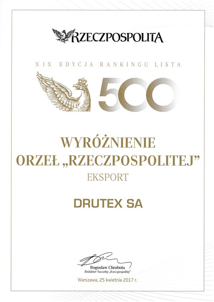 Drutex z wyróżnieniem za eksport i nominacją do nagrody Orła „Rzeczpospolitej”